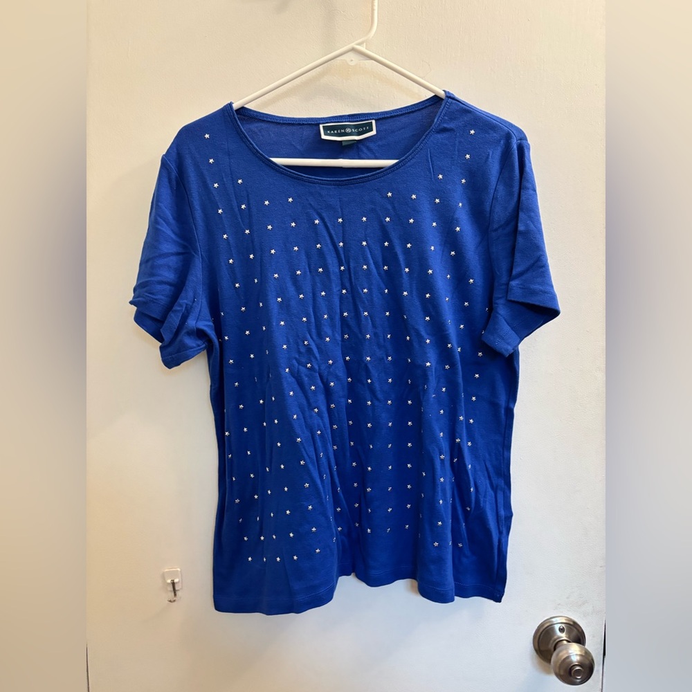 Karen Scott Royal Blue Short Sleeve Top with silver stars